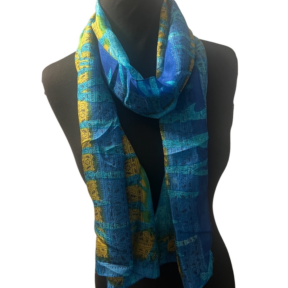 Oblong Scarf India Arts Sheer, Made In India, Ethnic Print, Teal/Gold/Blue/Black
